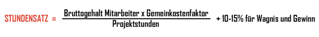 STUNDENSATZ = (Bruttogehalt Mitarbeiter x Gemeinkkostenfaktor : Projektstunden) + 10-15% Aufschlag für Wagnis und Gewinn